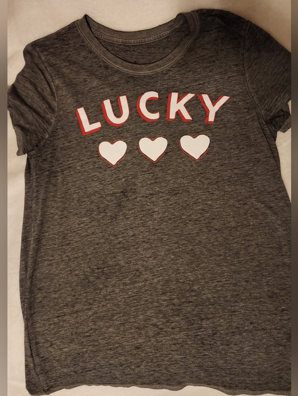 Lucky Brand Grey Heathered Graphic Tee 3 Hearts Size M